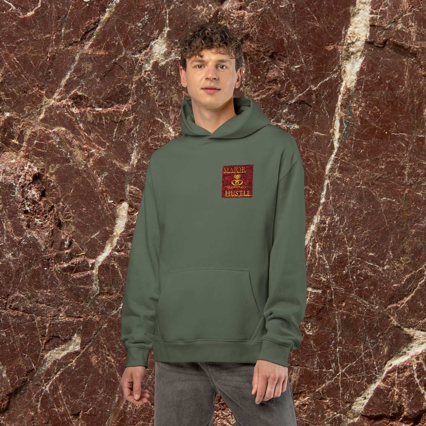 Relaxed Hoodie with Vintage Gold Dragon Chest Patch — Cozy Streetwear Pullover